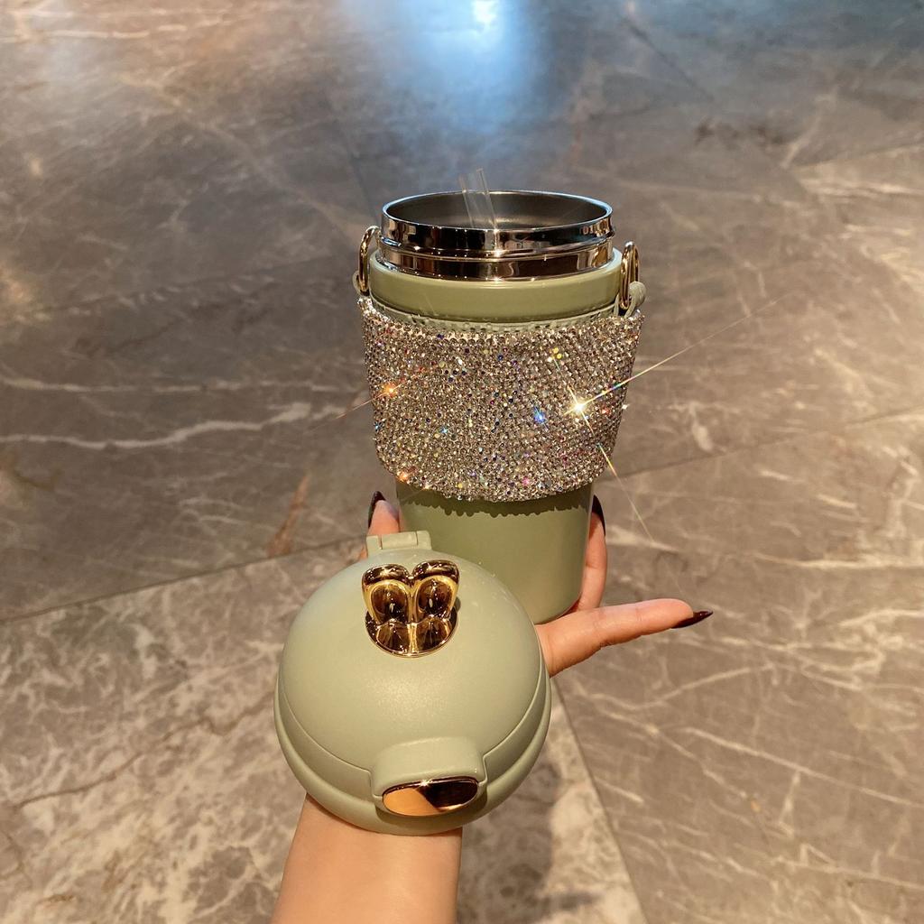 Bling Strass Tasse mit Kettenseil Glitzernde Diamant Wasserflaschen Edelstahl Becher Flasche Mädchen Frauen Geschenk Niedlicher Hase