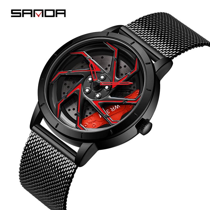 Sanda Men's Creative Wheel Quartz Watch - Trendy Rotating Waterproof Wristwatch