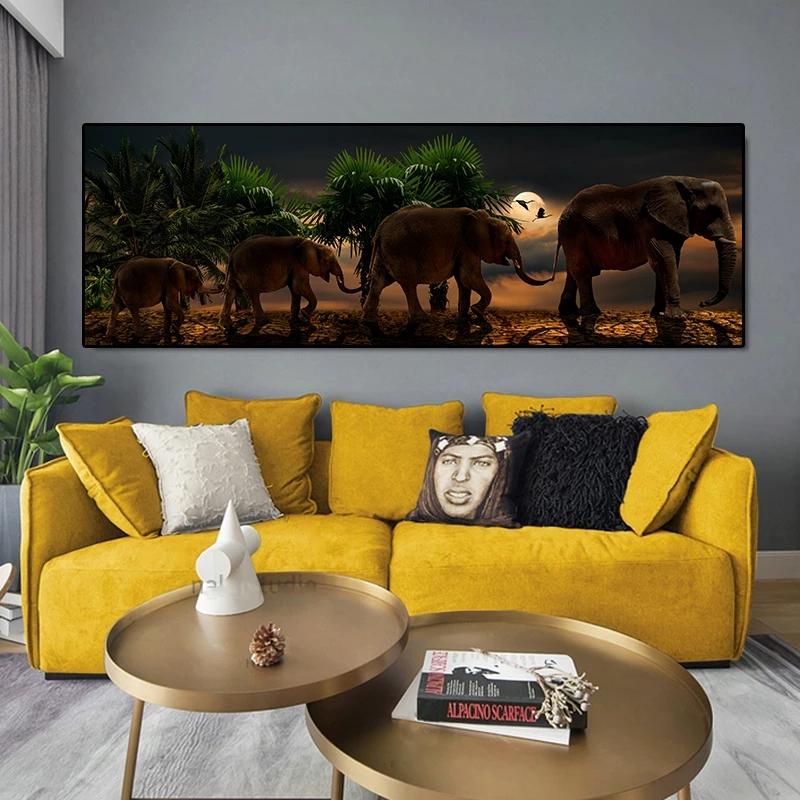 Elefantenfamilie, Panorama-HD-Leinwandgemälde, Wohnzimmer, Schlafzimmer, Wandkunst, Innendekoration, Gemälde(Kein Rahmen)