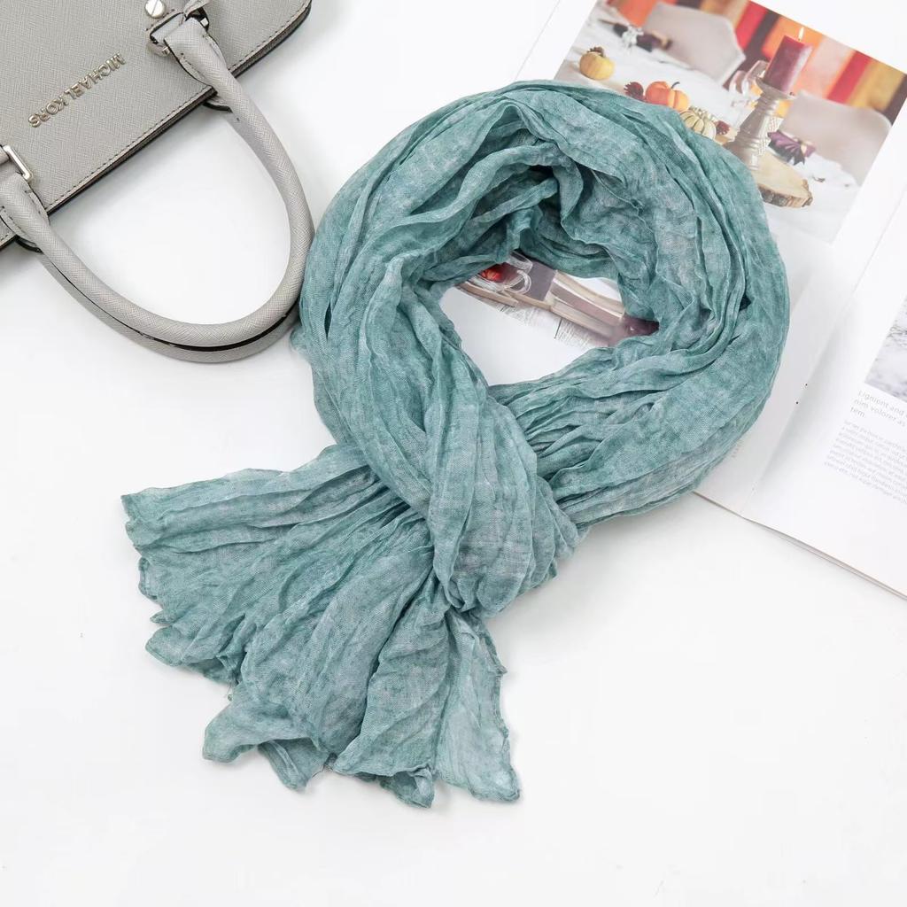 Solid Green Cotton Linen Vintage Pleated Scarf Shawl Autumn Winter Unisex Thin Long Neck Wrap Warmth Breathable Lightweight