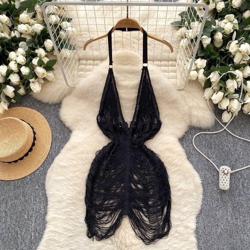 

Fashion Export Women s Suspender Skirt Sexy Inspirational Design Cut Out Deep V-neck Halter Wool Tassel Outer Dress Black L