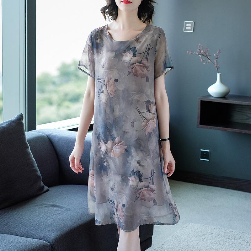 

Elegant Silk Dress for Young Mothers - Summer 2026 Collection, Plus Size, Luxurious Loose Fit for Middle-aged Women L (Recommended for 40-50 kg) синий