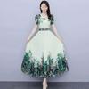 Women's Short-Sleeve Elegant Floral Chiffon Dress, Summer 2026, Round Neck, Tall Slimming Fit, Wide Hem Long Skirt