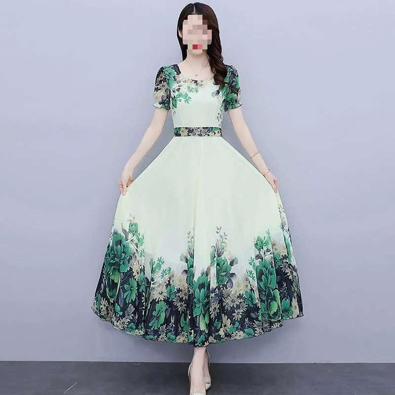 Women's Short-Sleeve Elegant Floral Chiffon Dress, Summer 2026, Round Neck, Tall Slimming Fit, Wide Hem Long Skirt