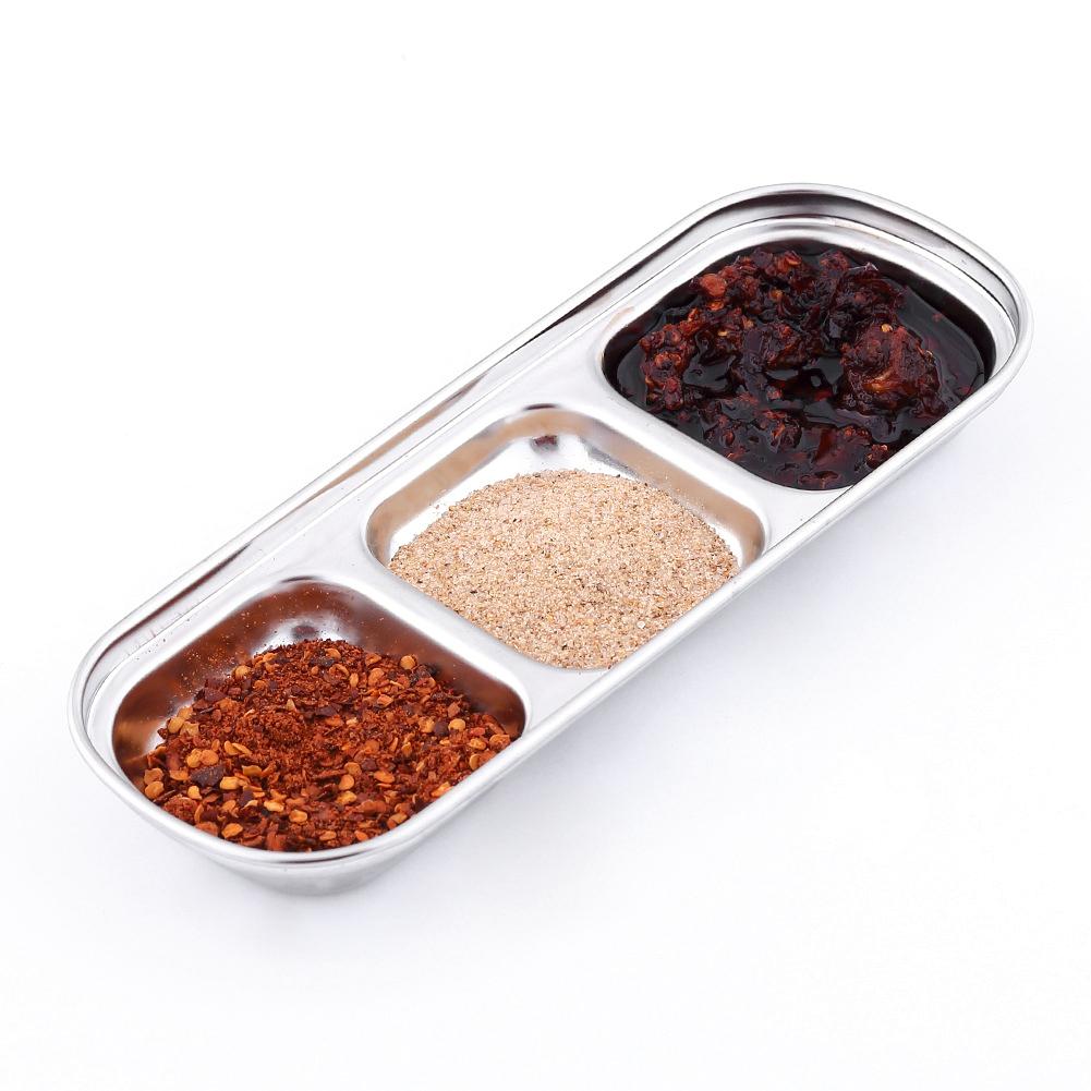 Stainless Steel Sauce Dish Seasoning Dish Snack Plate Divided Food Dipping Bowl Kitchen Tableware3 Grids