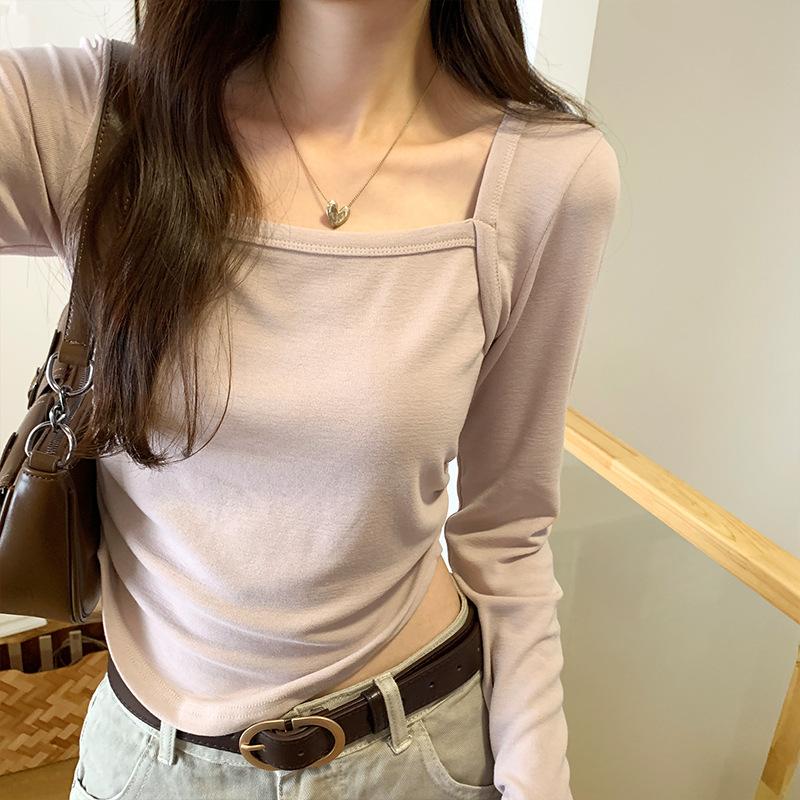 Design Niche Slimming Square Neck Long-sleeved T-shirt Women's Autumn New Solid Color Short Slim-fitting Top
