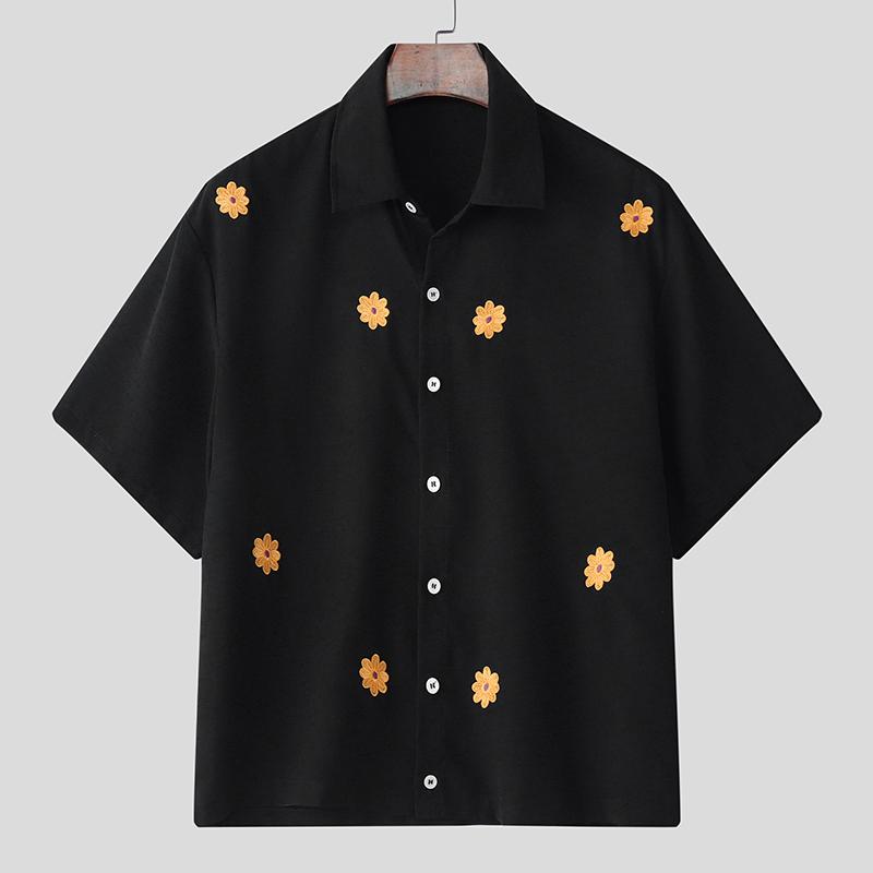 

INCERUN Men Summer Turn-down Collar Short Sleeve Floral Print Buttons Casual Shirts L чёрный