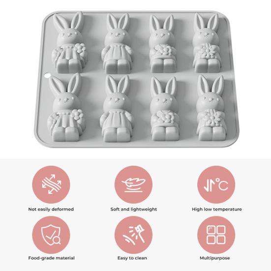 Oster-Silikonform 8 Mulden 3D-Hasenform Antihaft-Flexible Form Schokolade Süßigkeiten Pudding Seife Knete Back-Dekorationswerkzeug