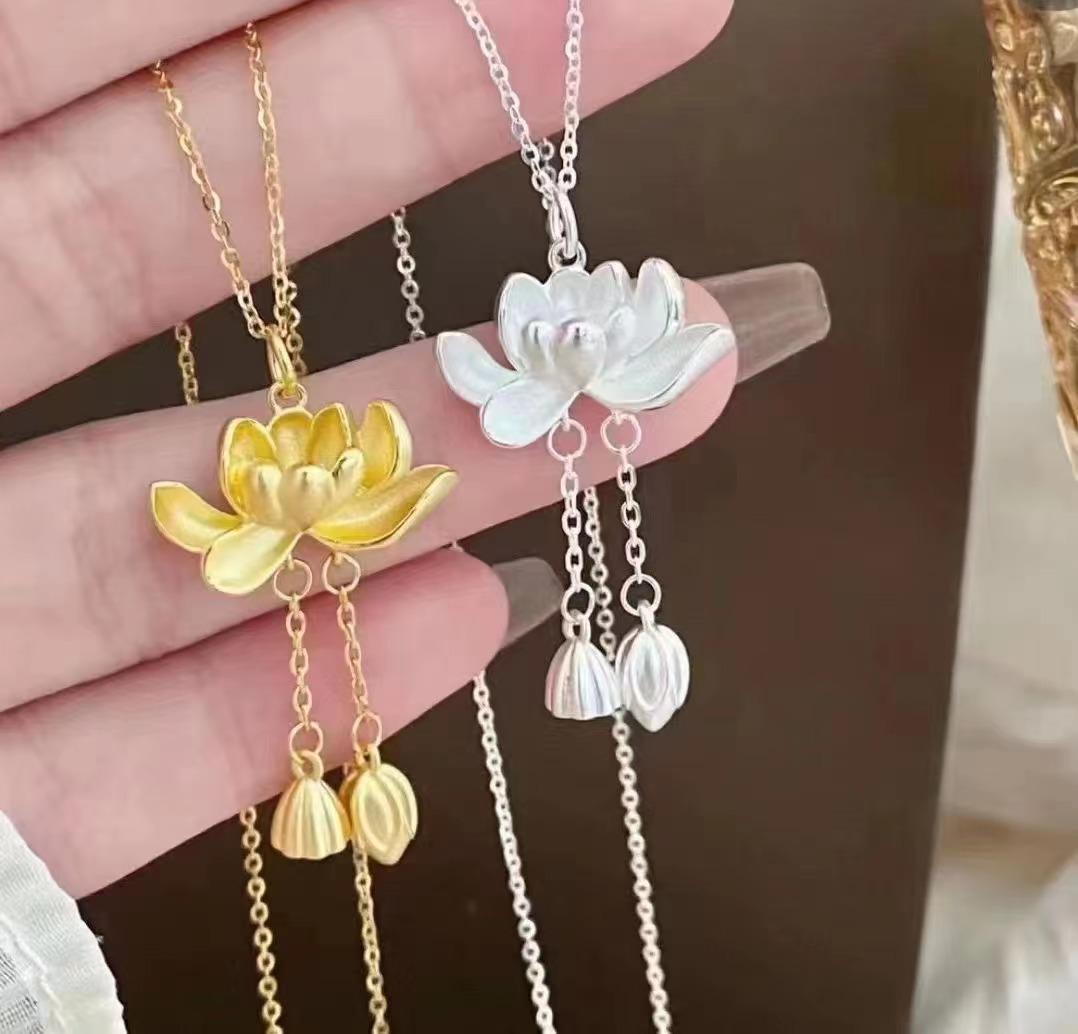 Silver-Plated Lotus Pendant Necklace with Tassel and Lotus Seed Elements in Traditional Style