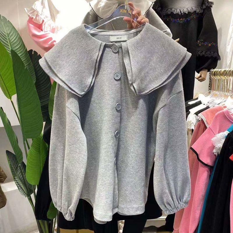 

Новый Весенне-Осенний Сезон Мода Молодящая Игривая Блузка с Кукольным Воротником Свободного Кроя в Иностранном Школьном Стиле Пальто Оверсайз L серый