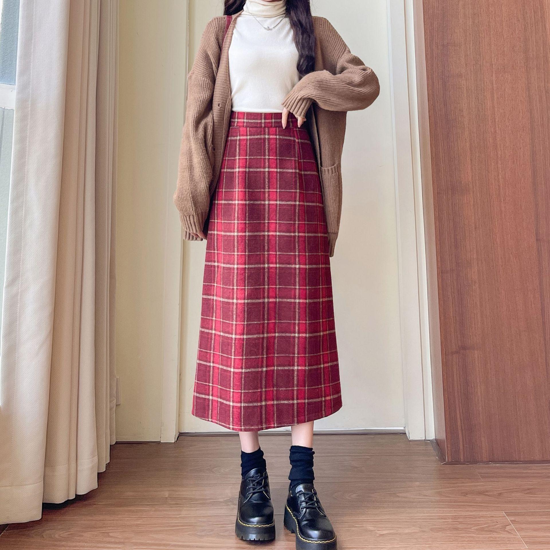 

Woolen Hip Skirt Autumn and Winter Retro 2026 New Mid-length Skirt for Women All-match High Waist Slim A-line Plaid Skirt XL