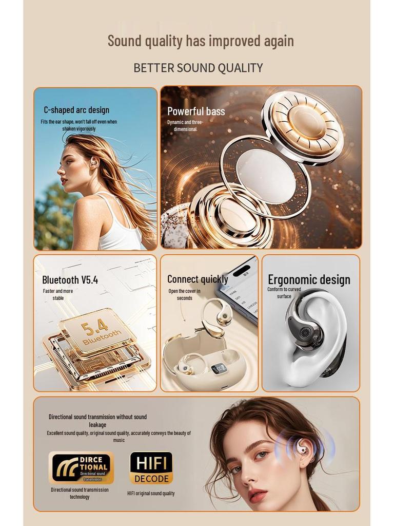YX48 Wireless Bluetooth Ear-Hook Earbuds with HIFI Sound and ENC Noise Cancelling