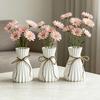 White Faux Ceramic Vase for Living Room Bedroom Kitchen Home Decor Ribbed Design Decorative Flower Holder with Jute Rope Bow for Bouquet Pampas Grass
