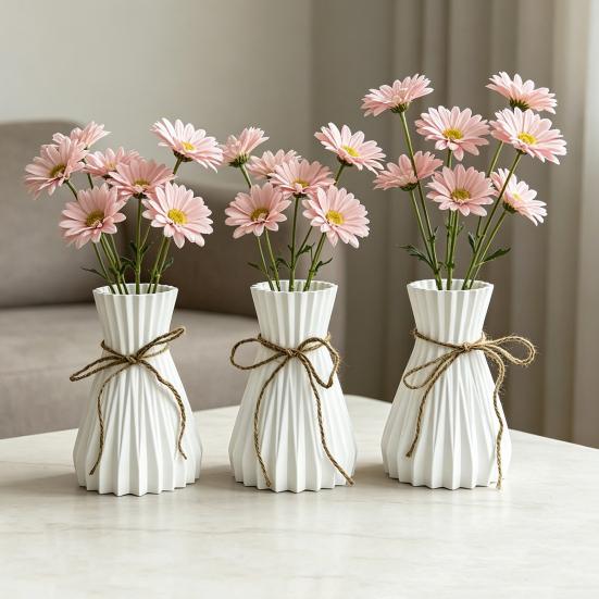 White Faux Ceramic Vase for Living Room Bedroom Kitchen Home Decor Ribbed Design Decorative Flower Holder with Jute Rope Bow for Bouquet Pampas Grass