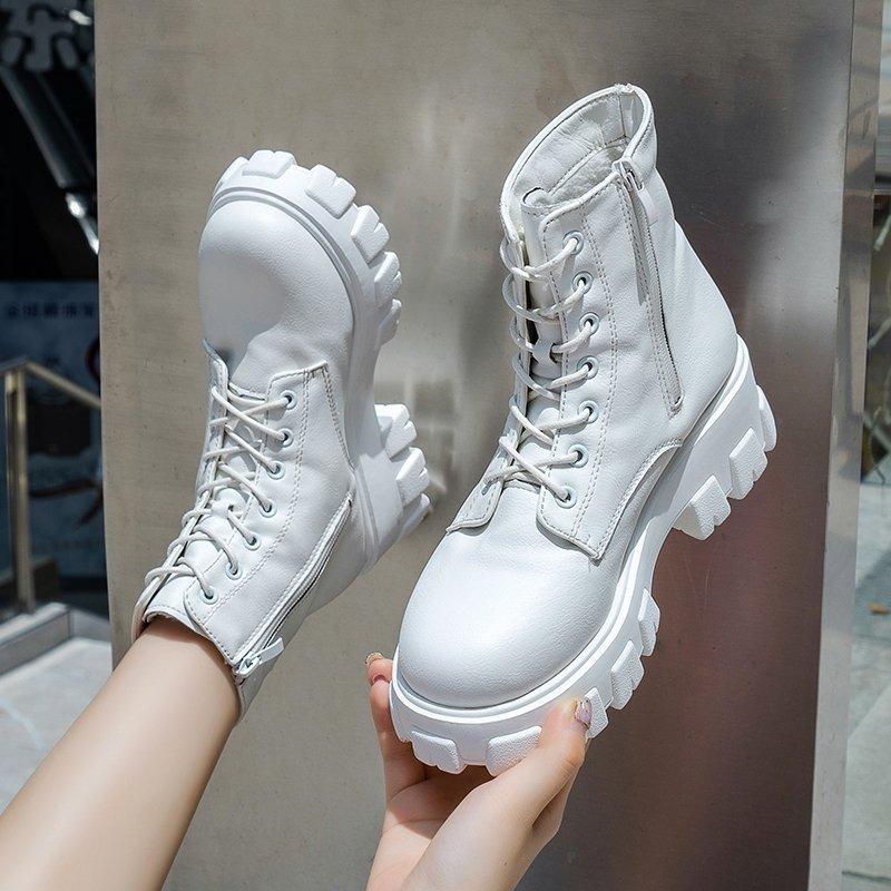 Fashion PU Leather Women's Boots 2025 Autumn New Shoes Women Fashion Lace Up Ankle Boots Female Chunky Heels Platform Motorcycle Botas