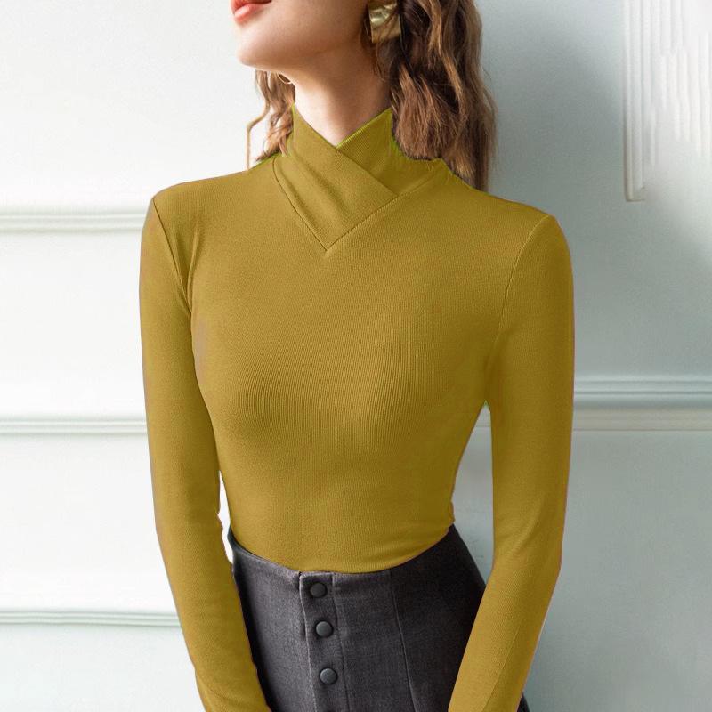 Maillard Style Warm Half-High Neck Long-Sleeve Base Layer Shirt for Women - Stylish and Youthful Autumn/Winter T-Shirt