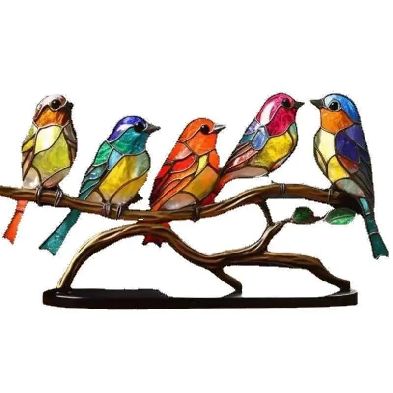 1PC Stained Metal Art Bird Ornament Birds Standing on Branch Ornaments for Home Decor Desktop Office Living Room Bedside Gifts