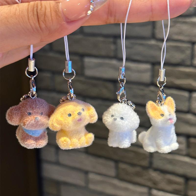 Flocking Mini Dog Phone Hanging Pendant Aesthetic Keychains Women Teddy Keyrings Cute Keychains for Cell Phone Llaveros