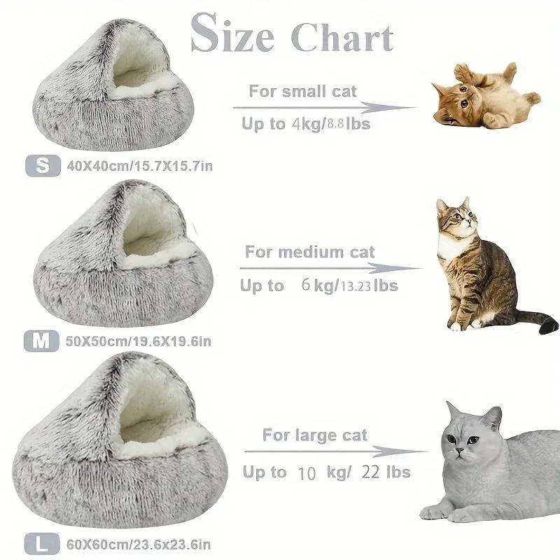 Winter-Katzenbett aus Plüsch, rundes Katzenkissen, Katzenhaus, 2-in-1, warmer Katzenkorb, Haustier-Schlafsack, Kätzchennest, Zwinger für kleine Hunde und Katzen