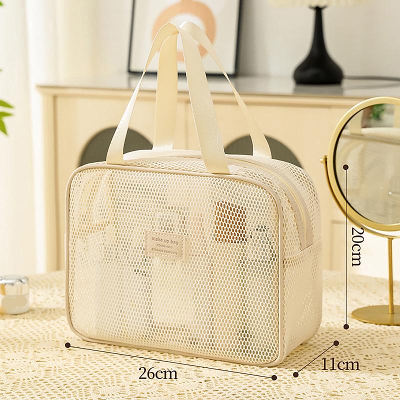 Portable Solid Color Mesh Cosmetic Bag Lightweight Space Saving Zipper Bags Large Capacity Travel Toiletry Storage Handbag