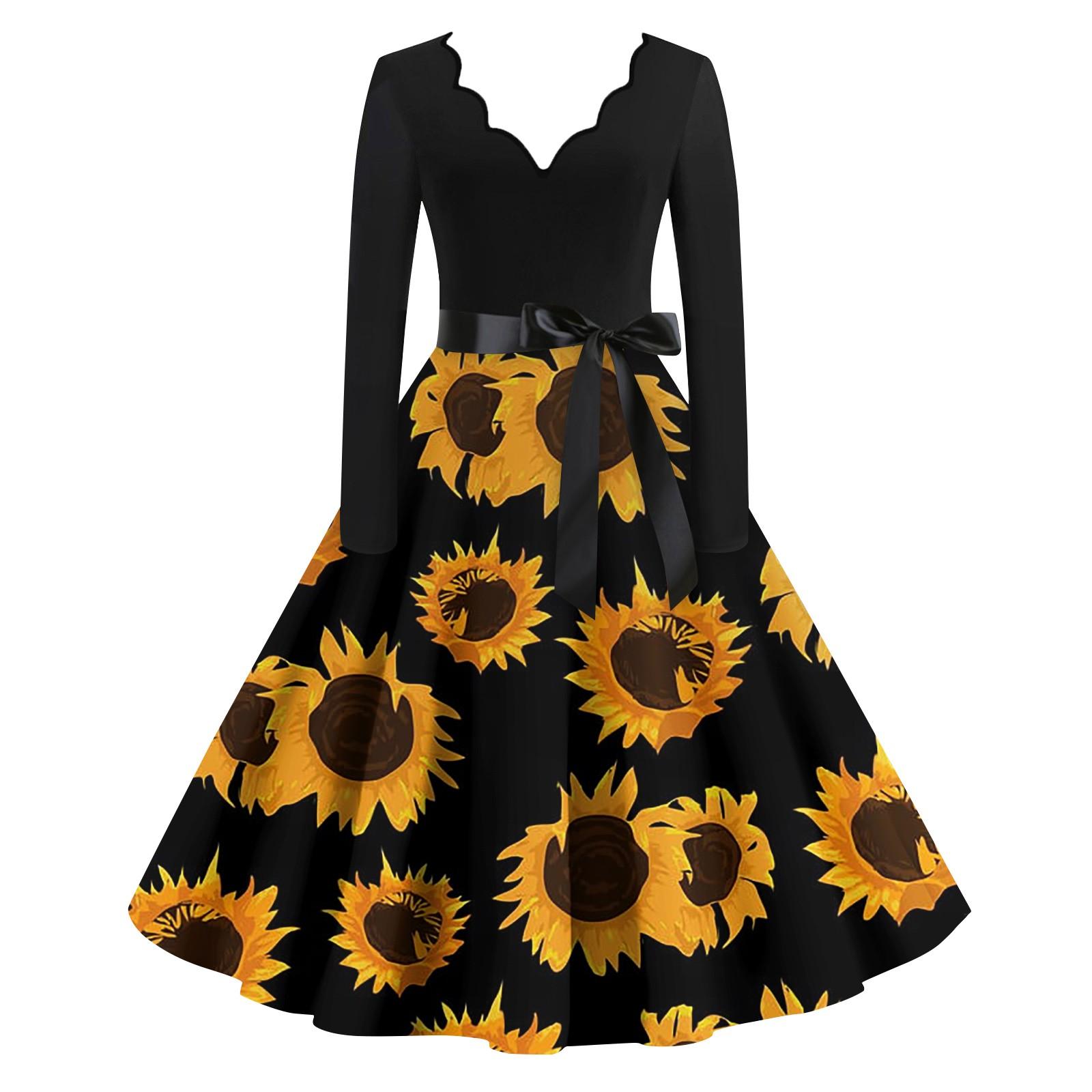 Women s Casual Fashion Long Sleeve Retro Graphic Printed Vintage Long Dresses S чёрный