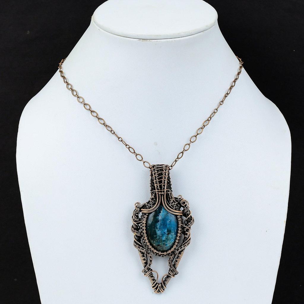 Neon Blue Apatite Gemstone Handmade Copper Wire Wrap Jewelry Pretty Pendant