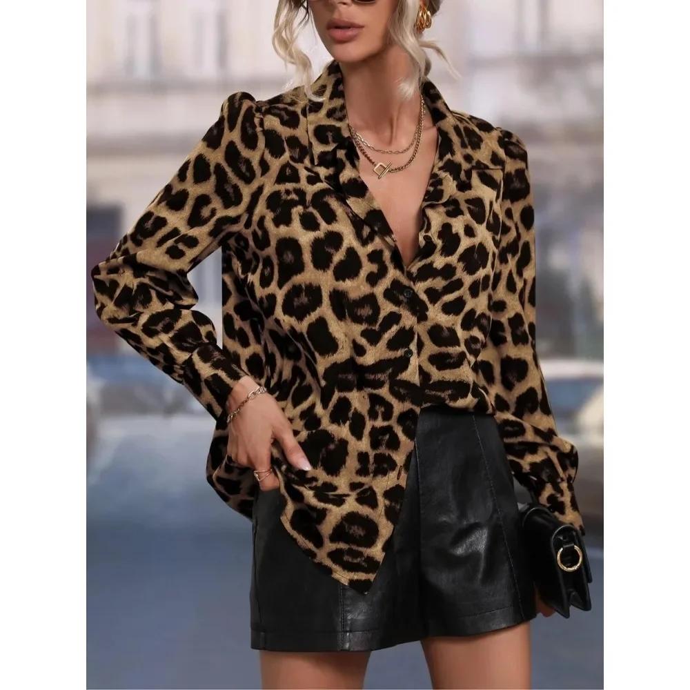 Women Elegant Women's Casual Button Shirt Blouse Trendy Leopard Print Perfect for Autumn Style Fitted Shirt