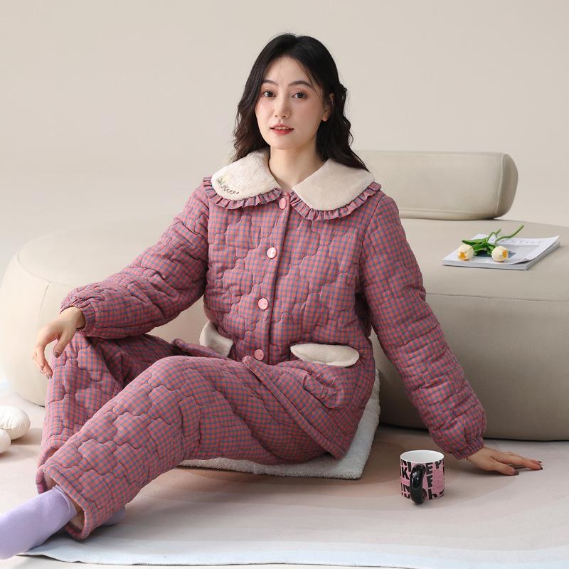 Pajamas Women'S Winter Three-Layer Thickened Fleece Woven Padded Cotton Women'S Autumn And Winter Coral Fleece Winter Padded Jacket Loungewear