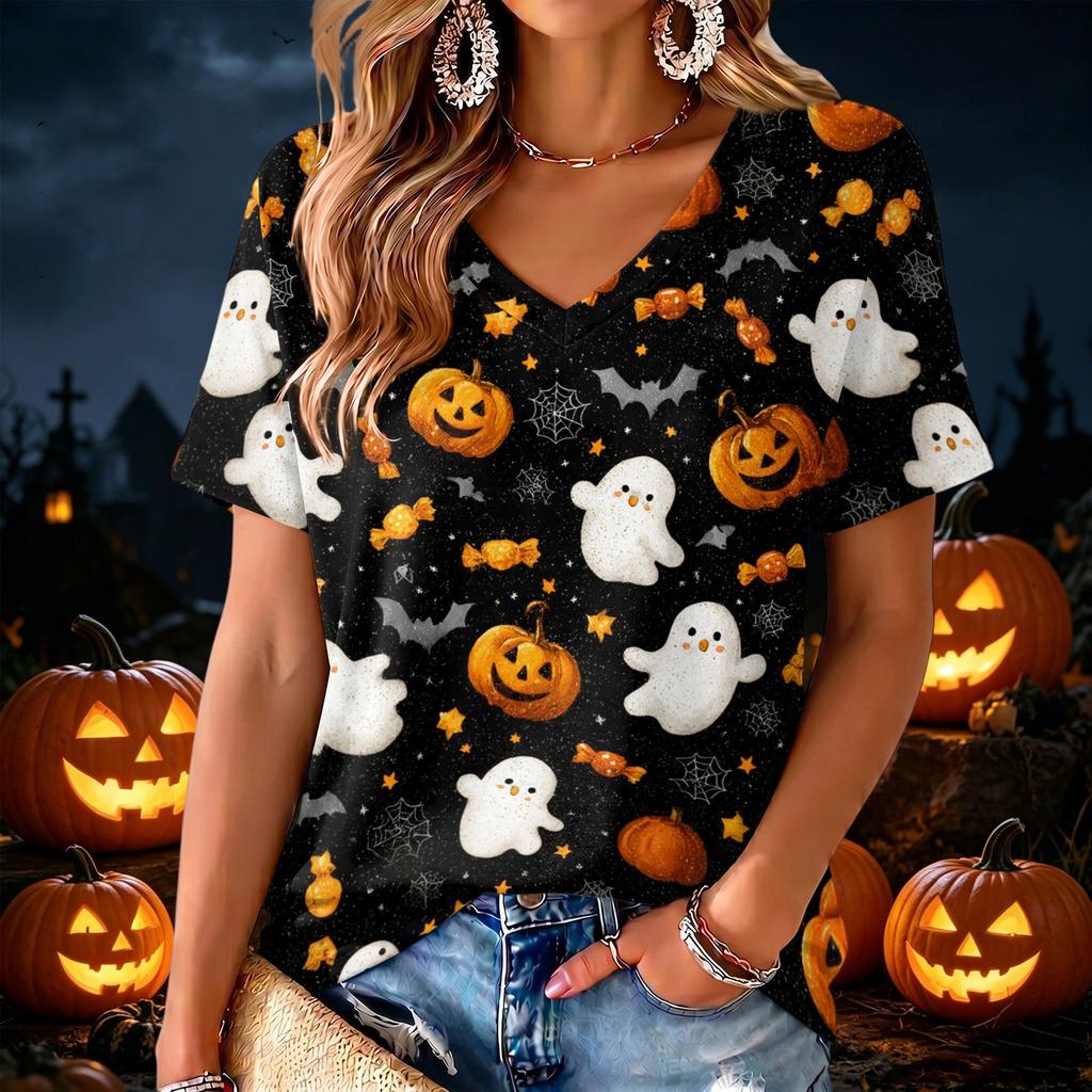 Women's V-Neck Halloween Print Lightweight Blouse for Spring and Summer Casual Wear