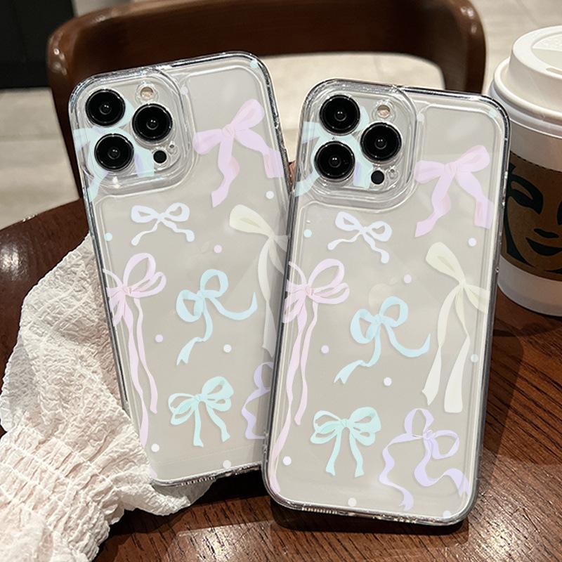 Dopamine colored bow is suitable for iPhone17 transparent case Apple 16Pro girls mobile phone case.