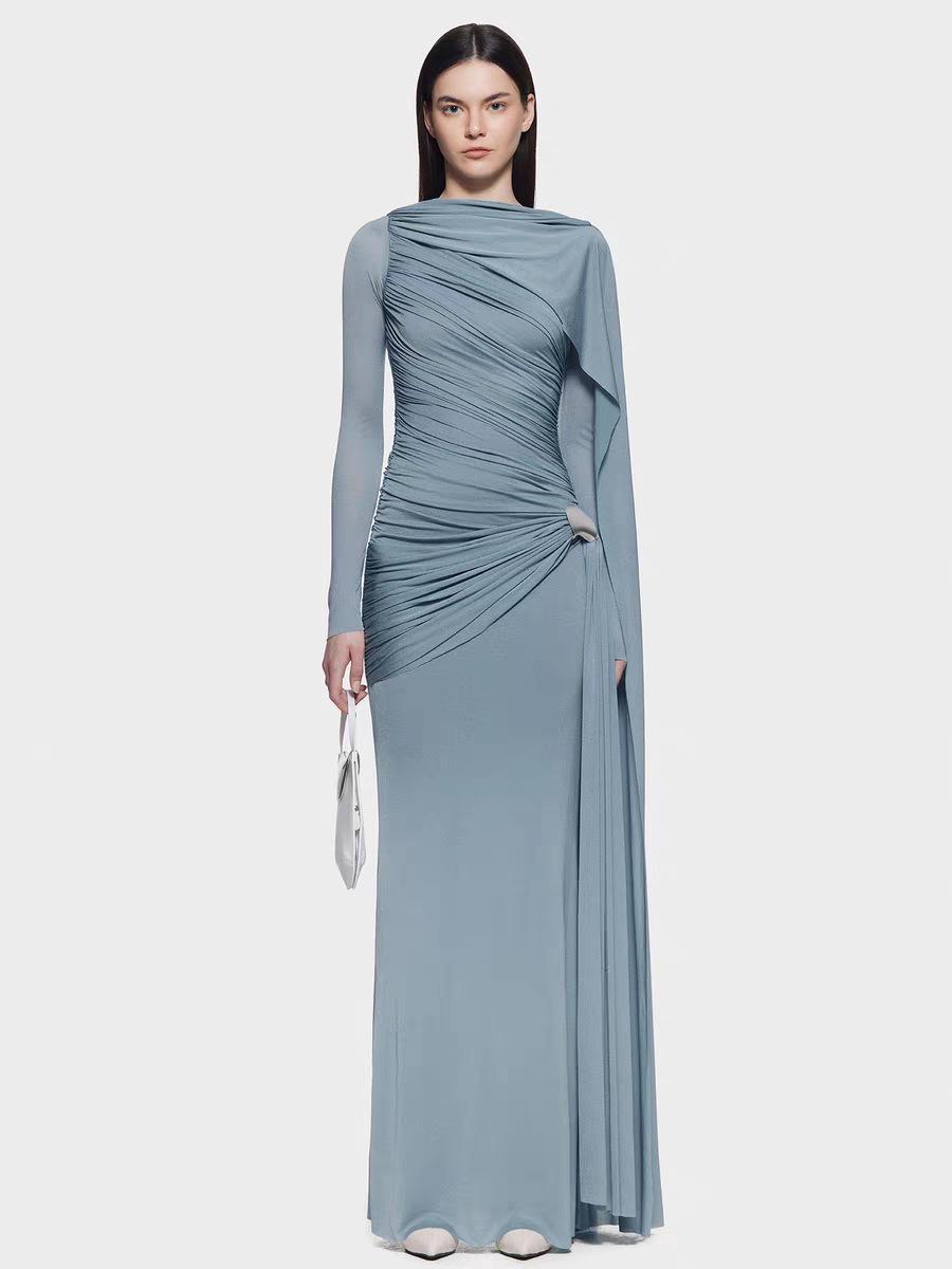 

In-Stock Asymmetrical Solid Color Pleated Floor-Length Dress with Flowing Ribbon M синій
