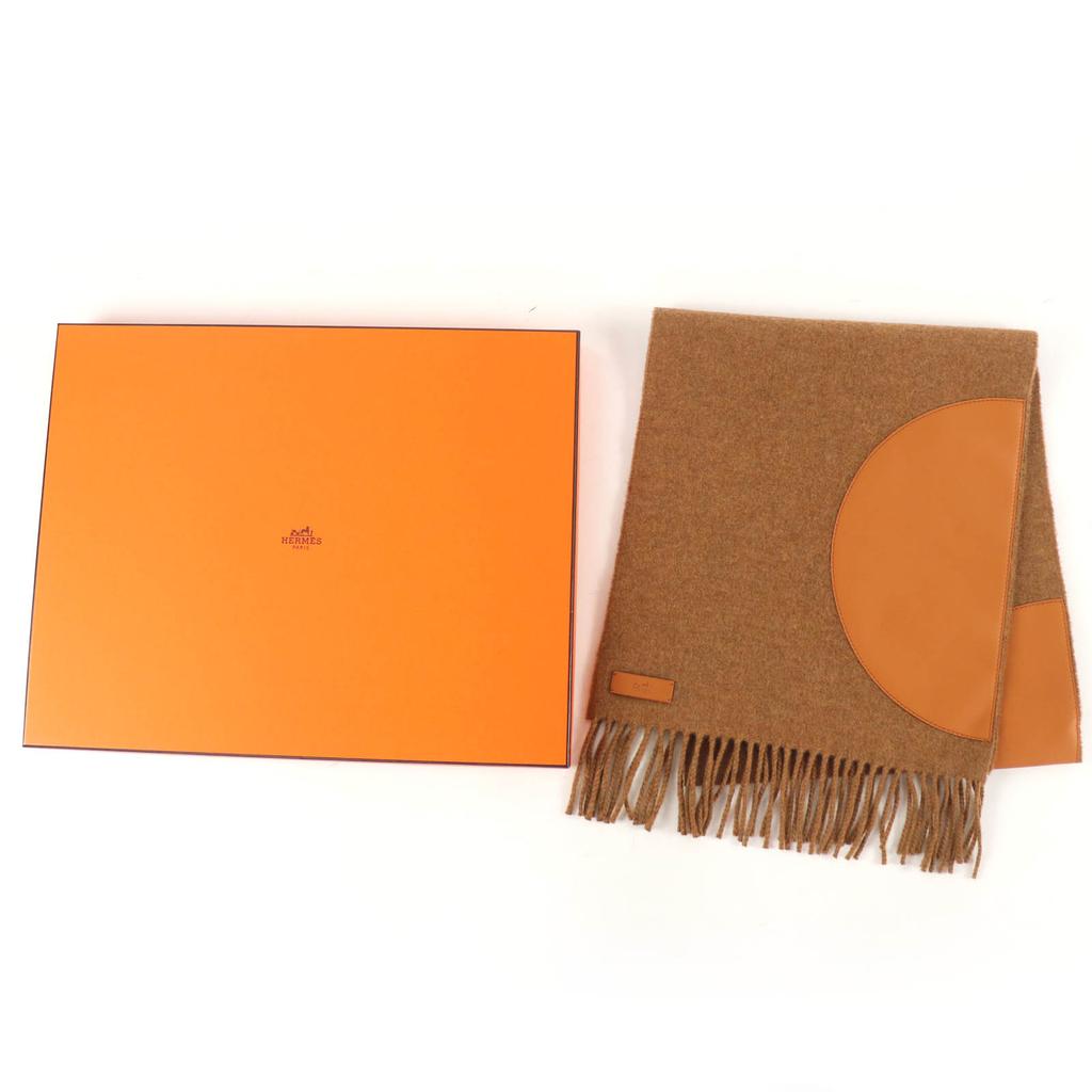 Pristine HERMES Scarf POIS CUIR Lamb leather patchwork Brown cashmere Women Used