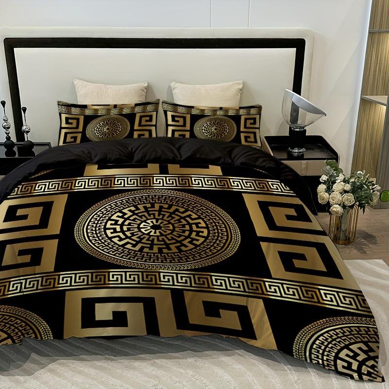 European Black Gold Geometric Design Quilt Cover 3D High Definition Printing Duvet Cover Three-Piece Soft Bedding