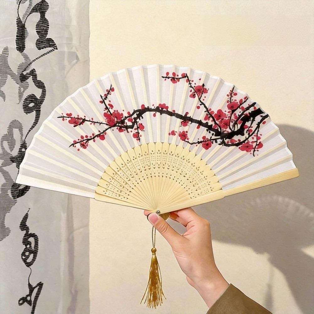 Faux Silk Material Wood Folding Fan Bamboo Frame Handheld Fan New Flower Bird Fan For Women