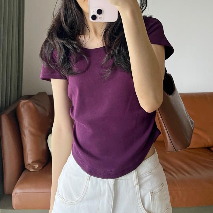 

Special Purple Slim Short Sleeve Front Shoulder T-Shirt Women s Summer Design Sense Niche Spice Girl Short Skinny Top XL фіолетовий