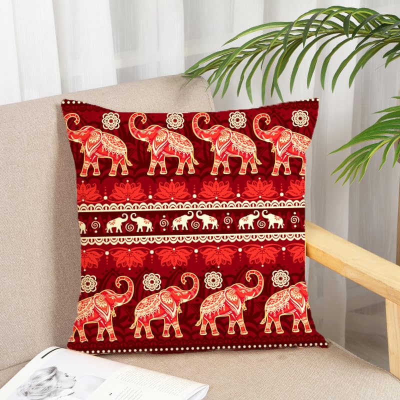 1Pc Red Indian Elephant Cushion Cover, Bohemian Boho Animal Print Throw Pillow Case For Home Sofa Bedroom Decor