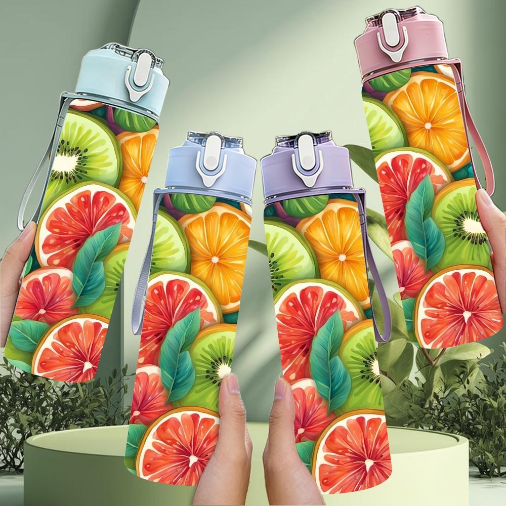 1PC Mixed Tropical Citrus Fruit Print 750ml Color Plastic Sports Water Bottle Leakproof Flip Straw Lid Suitable for Sports Office Home Use