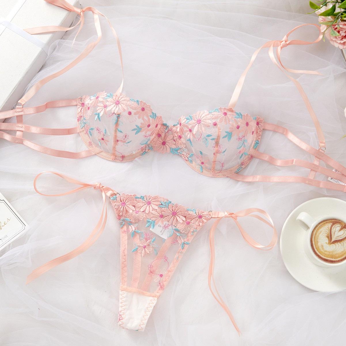 

Осенний цветочный вышитый кружевной комплект нижнего белья - Прозрачный бюстгальтер и стринги L розовый