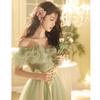One-word Shoulder Evening Dress High-end Light Luxury Niche Atmosphere Host Annual Meeting Dress Student Art Exam Performance Green
