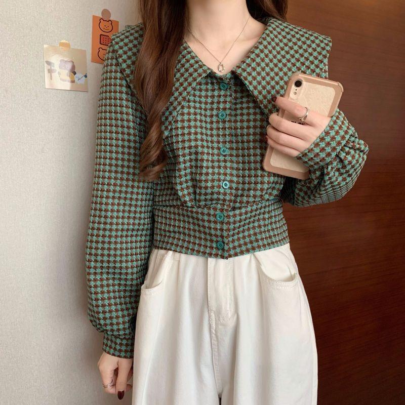 Houndstooth Doll Collar Shirt for Women Spring New Design Niche Shirt Long-sleeved Retro Short Top