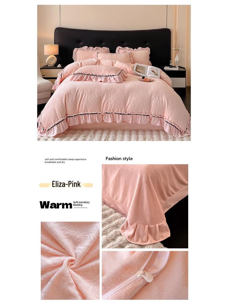 Luxury Carved Velvet Ribbon Lace Four-Piece Set: Double-Sided Fleece Duvet Cover for Cozy Home Warmth