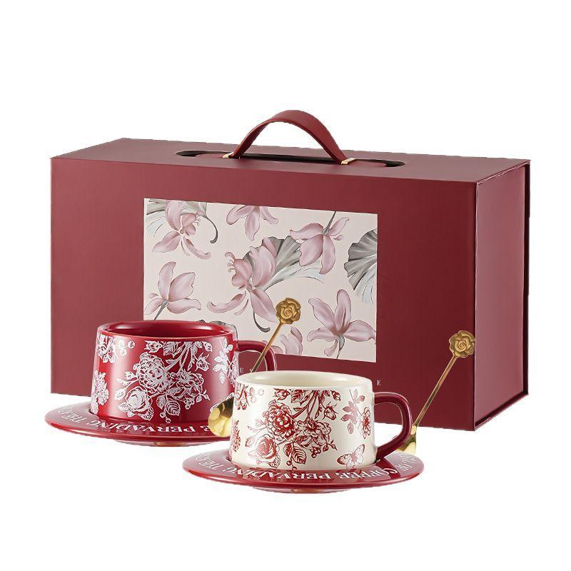 Vintage Rose Floral Couple Coffee Cup Set, 260ml Red & Cream Ceramic Mug Saucer Gift Box for Wedding Gift 260ml