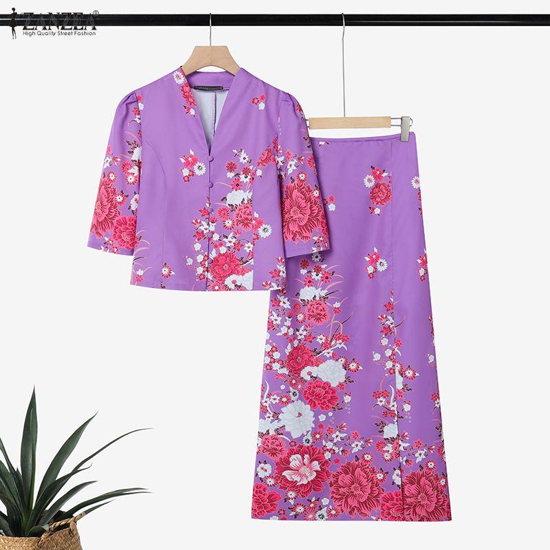 ZANZEA Dames Blouse met 3/4 Mouwen en Kokerrok Bloemenprint Elegante Tweedelige Pakken Sets