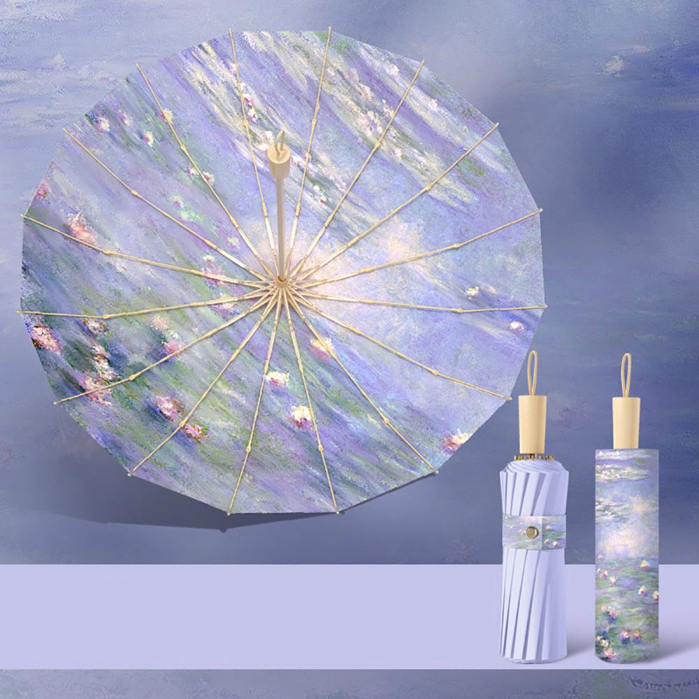 16 Bone Oil Painting Sun Umbrella New Chinese Style Three Fold Umbrella Windroof Strong All Weather for Adult Double Sun Shade