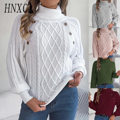 Autumn and Winter Casual Solid Color Button Twist High-neck Lantern Sleeve Pullover Sweater Women's Wear