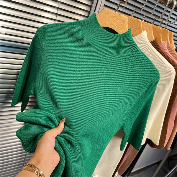 Spring and Autumn thin semi-turtleneck bottoming shirt women's half-sleeved knitted sweater new five-quarter-sleeved slim-fitting foreign-style medium