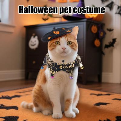 Cadılar Bayramı Cadı Şapkası ve Önlük Eşarp Seti Kurukafa Örümcek Ağı Desenli Zil ve Cadı Şapkalı/Balkabağı Bere Şapka Seti Küçük Köpekler ve Kediler İçin Evcil Hayvan Tasması