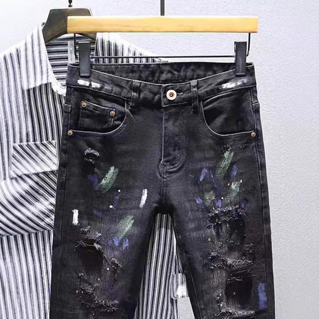 European and American trendy brand ripped jeans men, splashing ink paint point elastic slim-fitting small-footed denim trousers