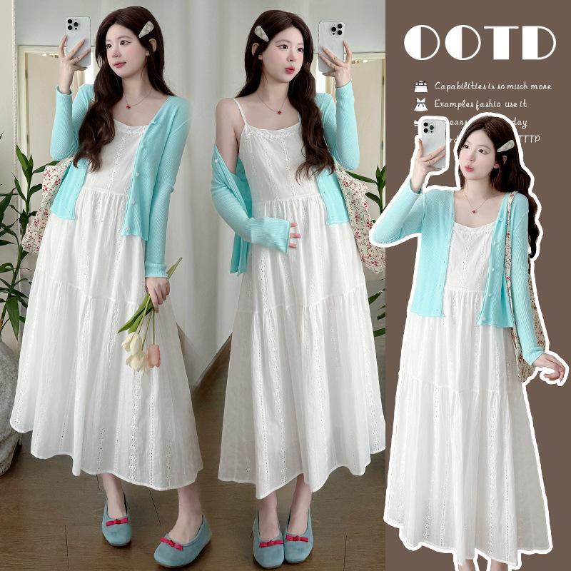 2026 Spring/Summer French Lace Camisole Dress & Knit Cardigan Set M