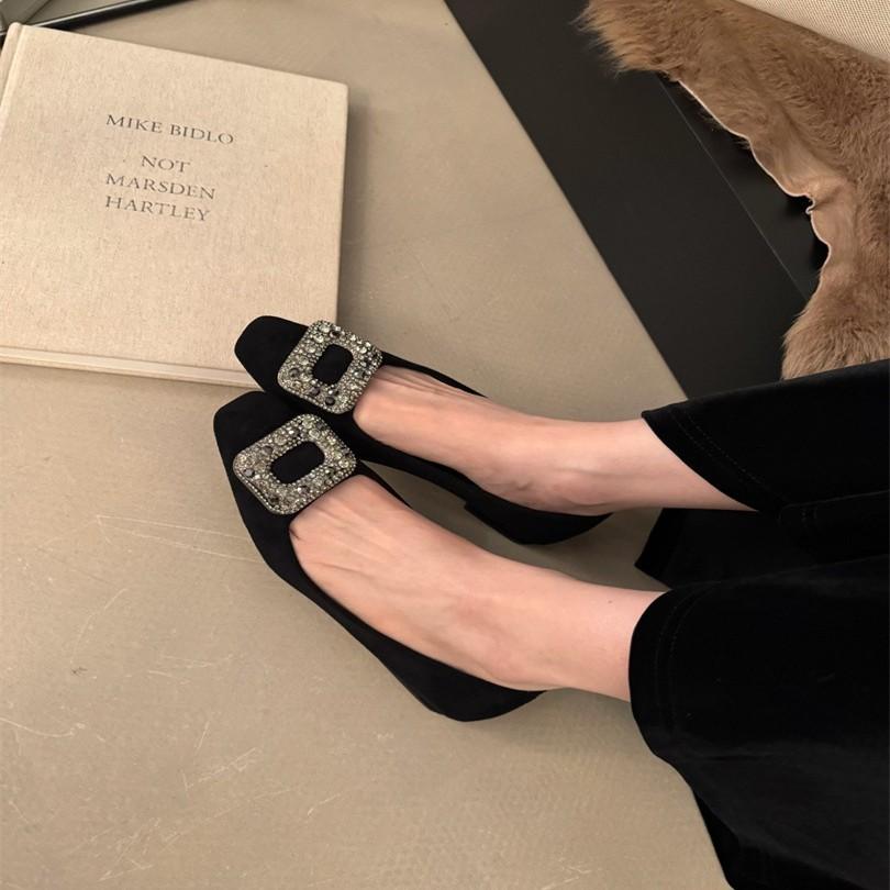 2025 New Spring Matte Leather Shallow Mouth Single Shoes Women's Thick Heel One Pedal Flat Leather Shoes Doudou Shoes